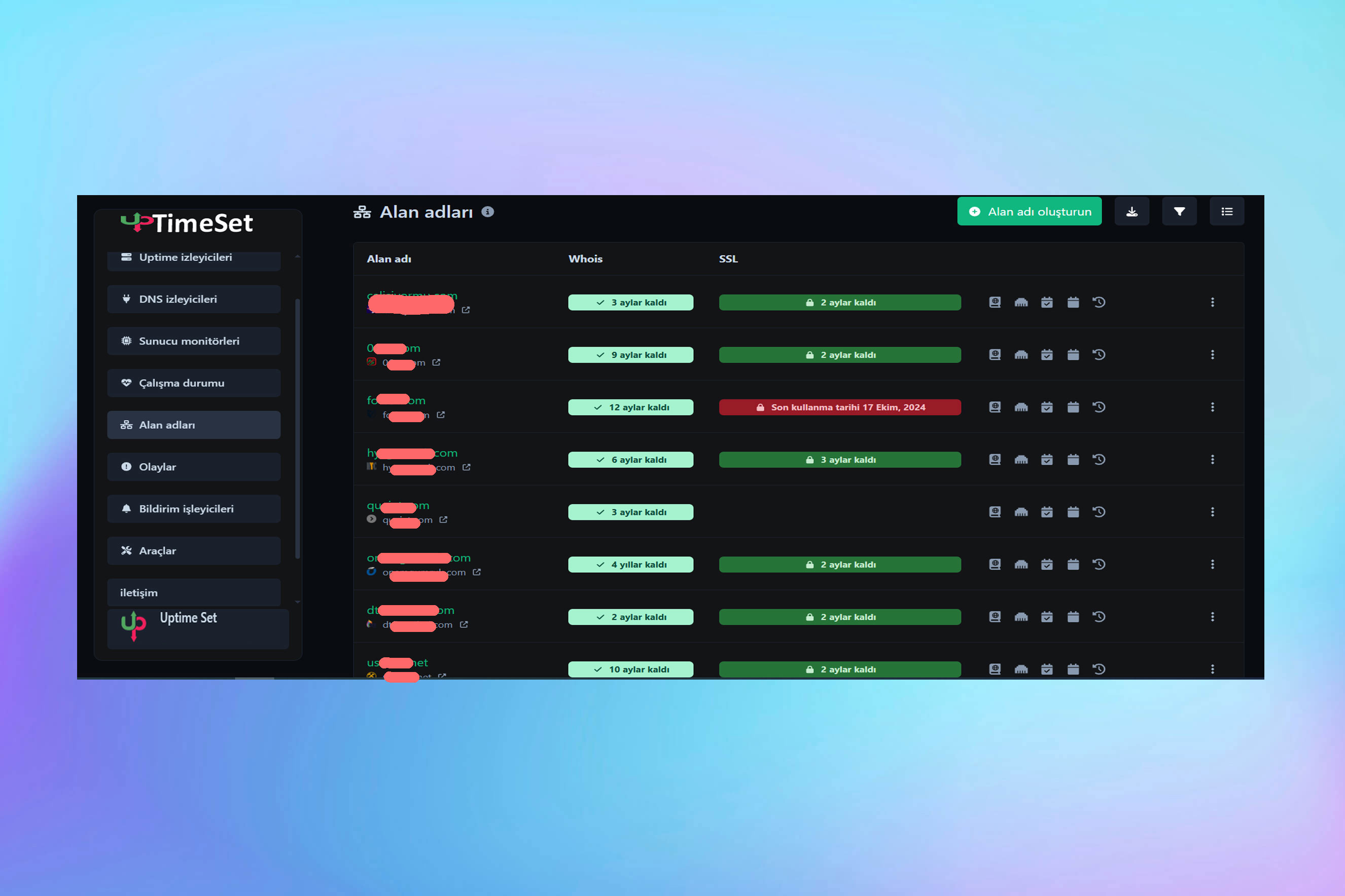Uygulama alan adları listesi sayfasının ekran görüntüsü