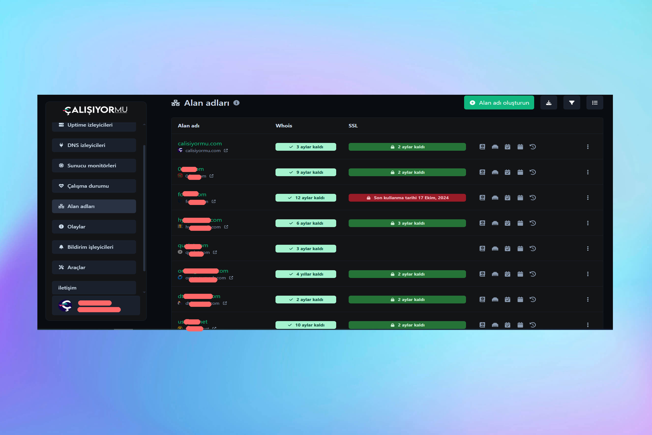 Uygulama alan adları listesi sayfasının ekran görüntüsü