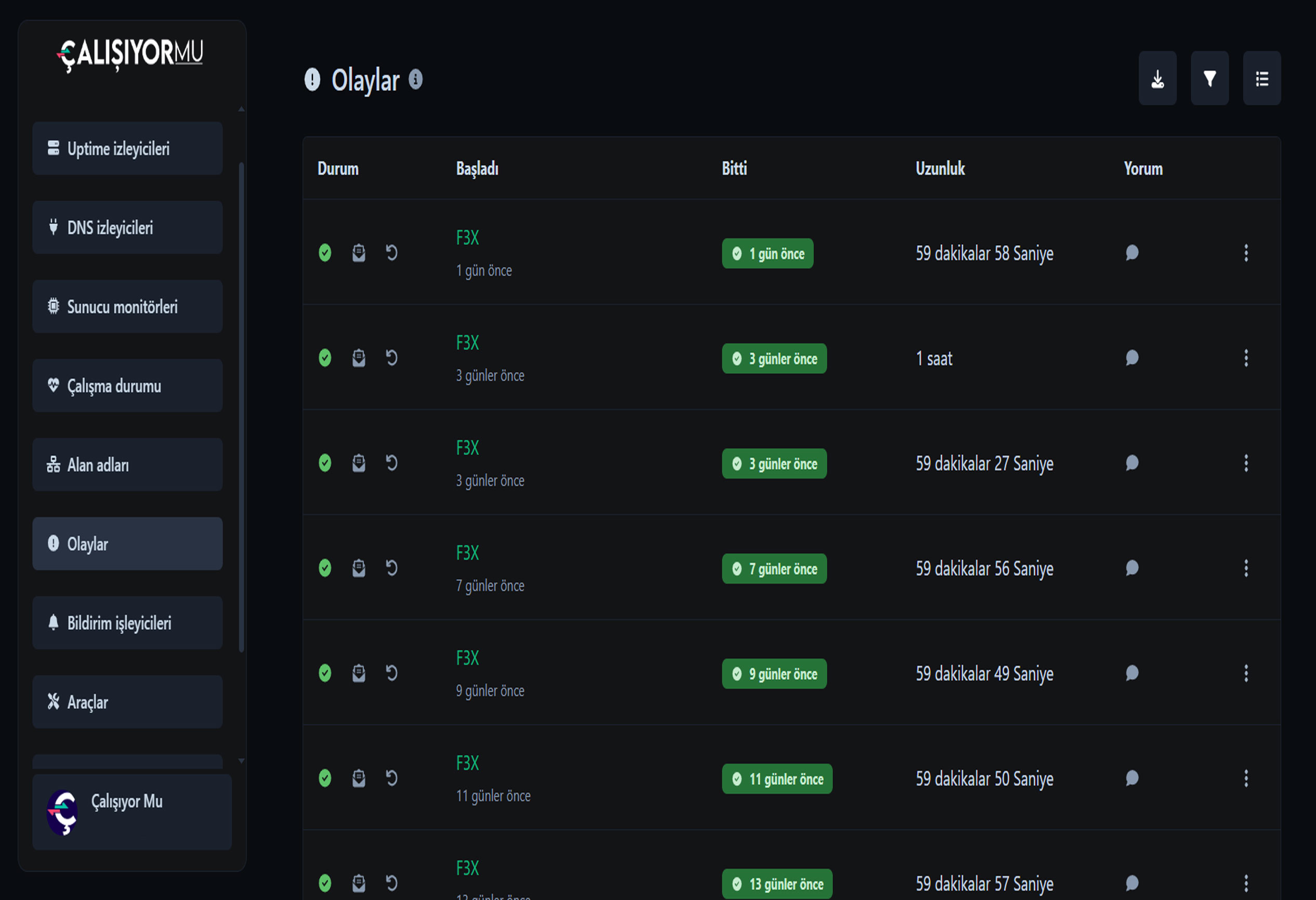 Uygulama olayları sayfasının ekran görüntüsü