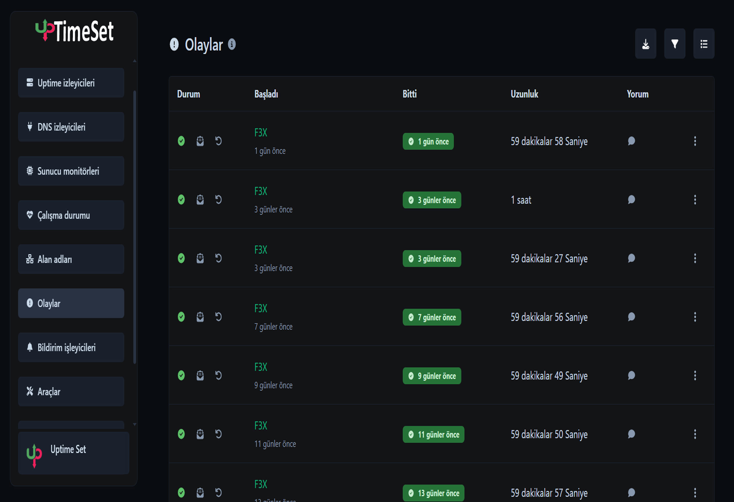 Uygulama olayları sayfasının ekran görüntüsü
