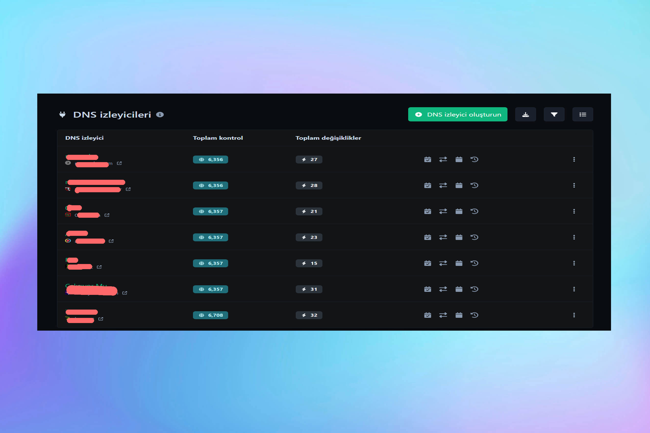 Uygulama DNS izleyici sayfasının ekran görüntüsü